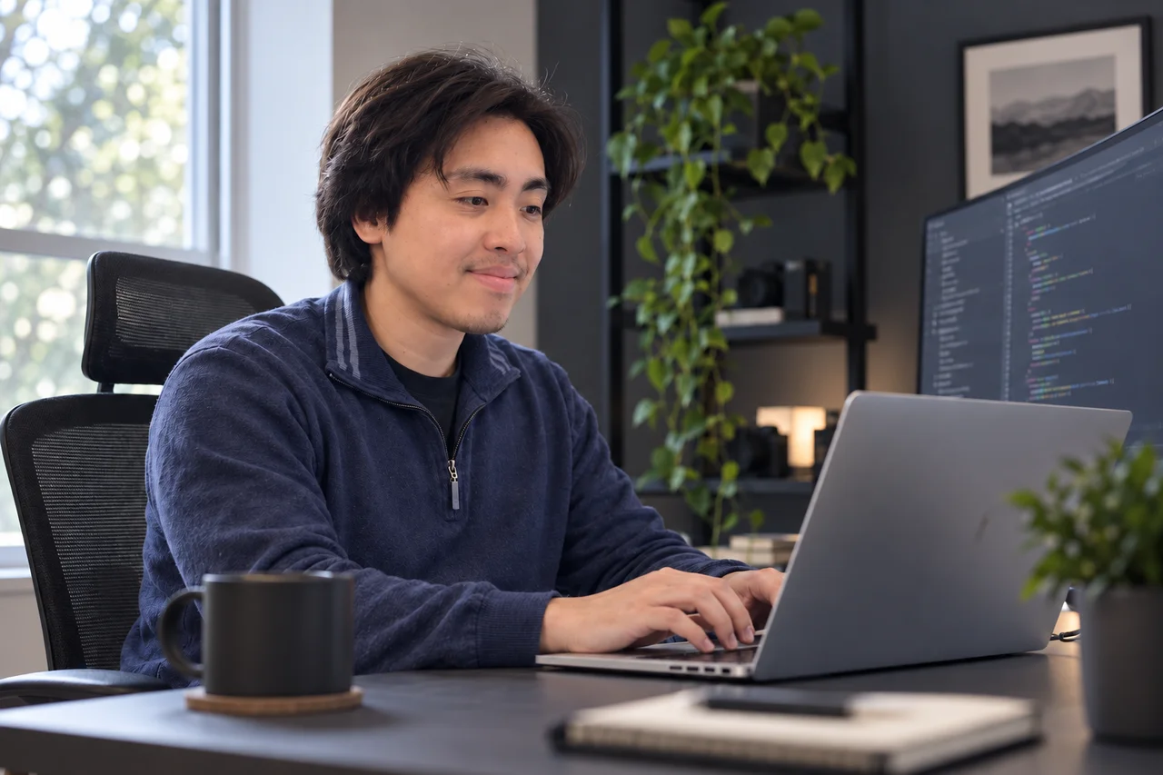 Neil coding at his desk — AI portrait